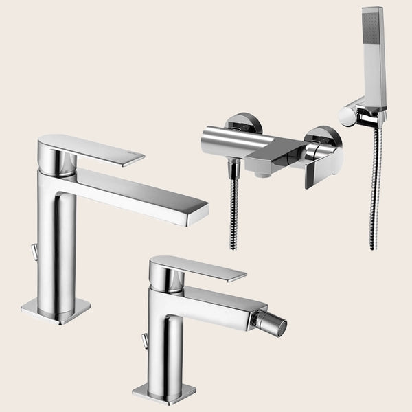 Paffoni Tango set miscelatori Lavabo bidet E Vasca Cromo in lucido e cromato visto dall'alto con superficie e piletta di...