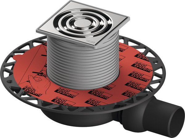 Tece TECEdrainpoint S 112 set pozzetto di scarico in acciaio inox visto dall'alto con superficie e piletta di scarico...