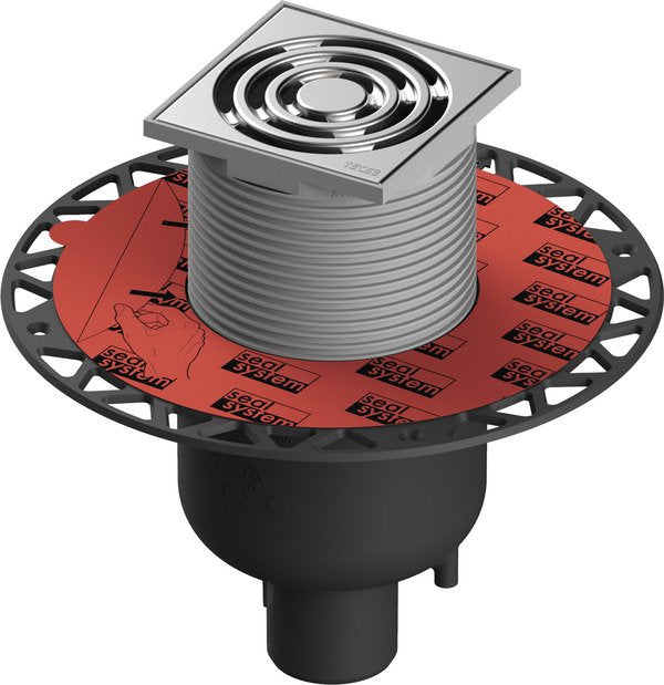 Tece TECEdrainpoint S 130 set pozzetto di scarico verticale visto dall'alto con superficie e piletta di scarico - Tece Italia