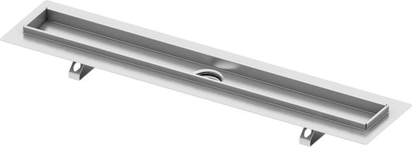 Tece Canalina Lineare per piatti doccia Con Inserto Cromo in acciaio inox visto dall'alto con superficie e piletta di...