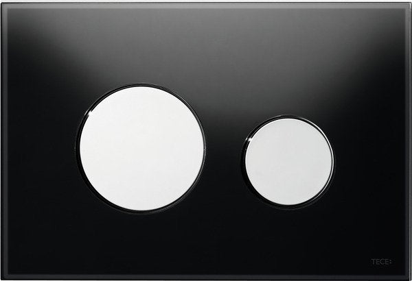 Tece teceloop placca 2 pulsanti vetro nero tasto cromato Nero Cromo, vista frontale su sfondo bianco - Tece Italia