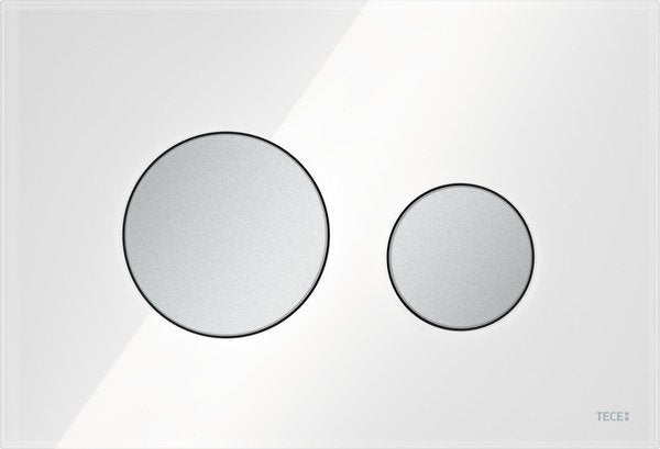 Tece teceloop placca wc 2 pulsanti vetro bianco tasto Bianco Cromo, vista frontale su sfondo bianco - Tece Italia