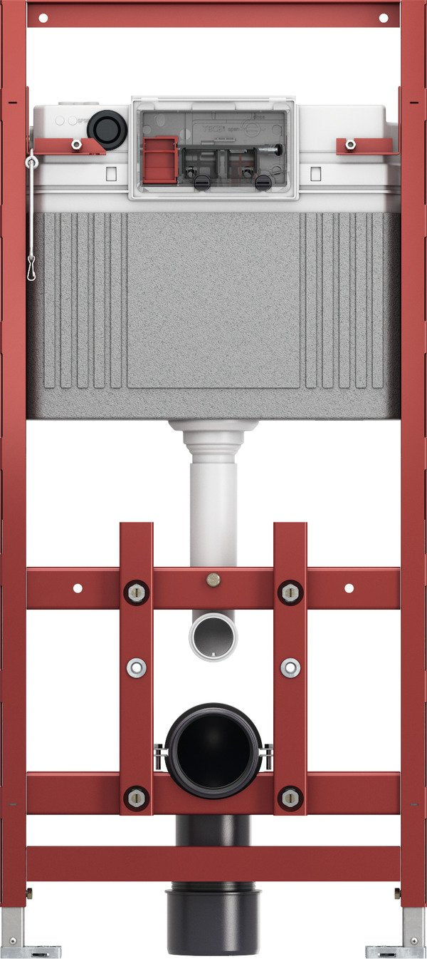 Tece TECElux 100 modulo WC altezza di montaggio 1120 mm ambientato su piano bagno con accessori - Tece Italia
