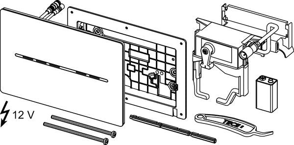 Tece TECESOLID placca wc elettronica touch 2 tempi 230V in visto dall'alto con scarico e interno visibili - Tece Italia
