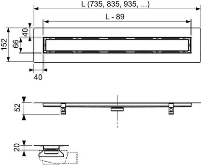 Tece TECEdrainline stone canalina doccia lineare 90 cm filo pavimento per pietra naturale con fascia sigillante Seal System e inserto piastrellabile acciaio inox lucido