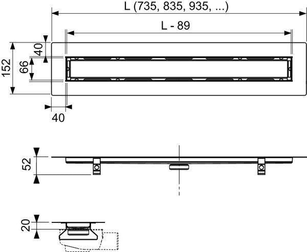 Tece TECEdrainline stone canalina doccia lineare 90 cm filo pavimento per pietra naturale con fascia sigillante Seal System e inserto piastrellabile acciaio inox lucido