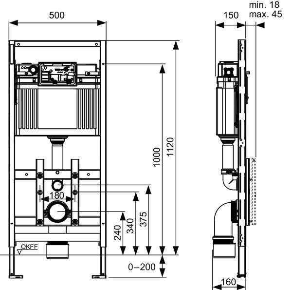 Tece TECElux 100 modulo WC altezza di montaggio 1120 mm, vista laterale del profilo e della forma - Tece Italia