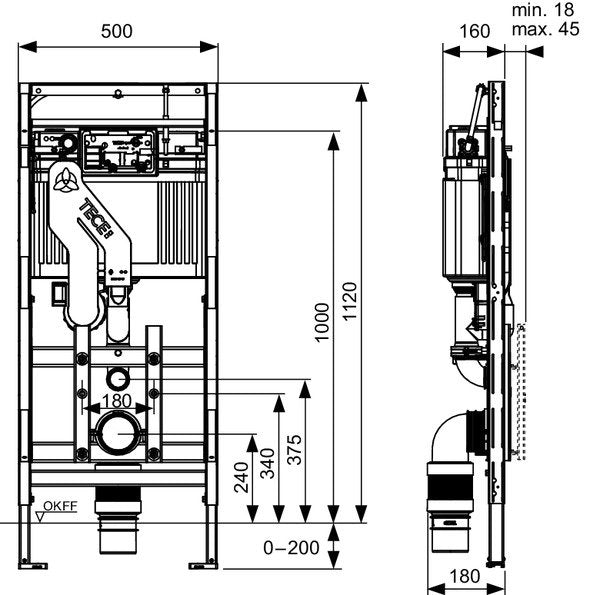 Tece TECElux 400 modulo WC con regolazione della seduta e Acciaio, vista laterale del profilo e della forma - Tece Italia