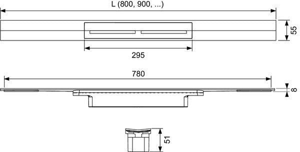 Tece Profilo Doccia Cm 80 E Pozzetto Drenaggio Standard Dn50 Acciaio Inox Satinat visto dall'alto con superficie e...