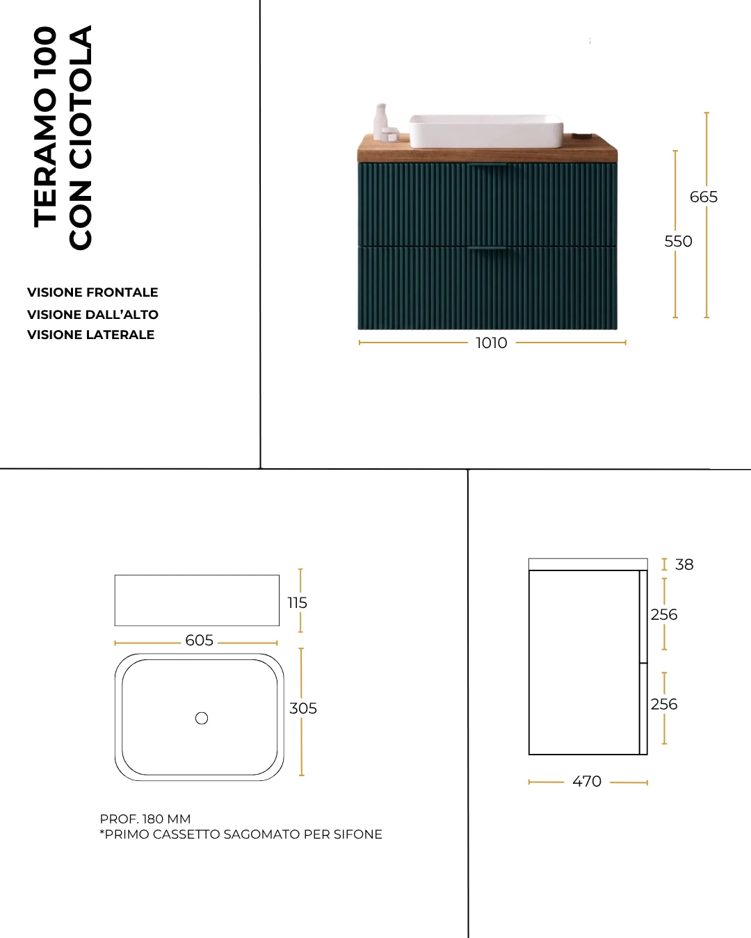 Mobile bagno 100x46 salvia Teramo con lavabo da appoggio in ceramica