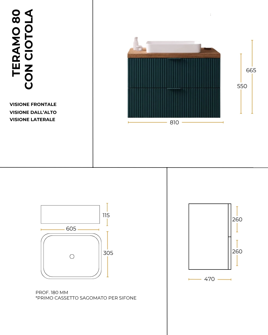 Mobile bagno 80x46 petrolio Teramo con lavabo da appoggio in ceramica