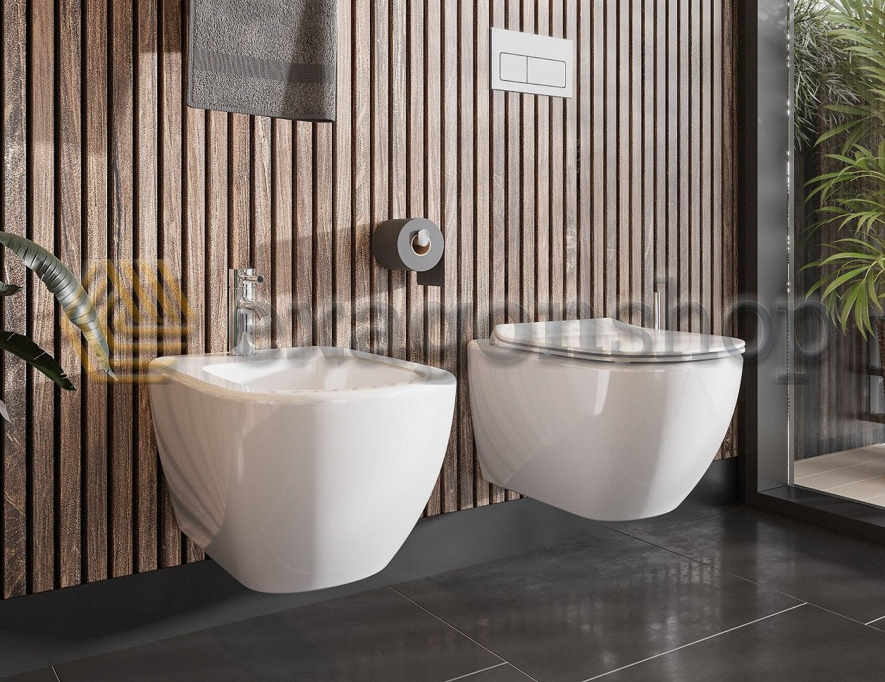 Ideal Standard Coppia sanitari sospesi vaso rimless e bidet, vista frontale su sfondo bianco