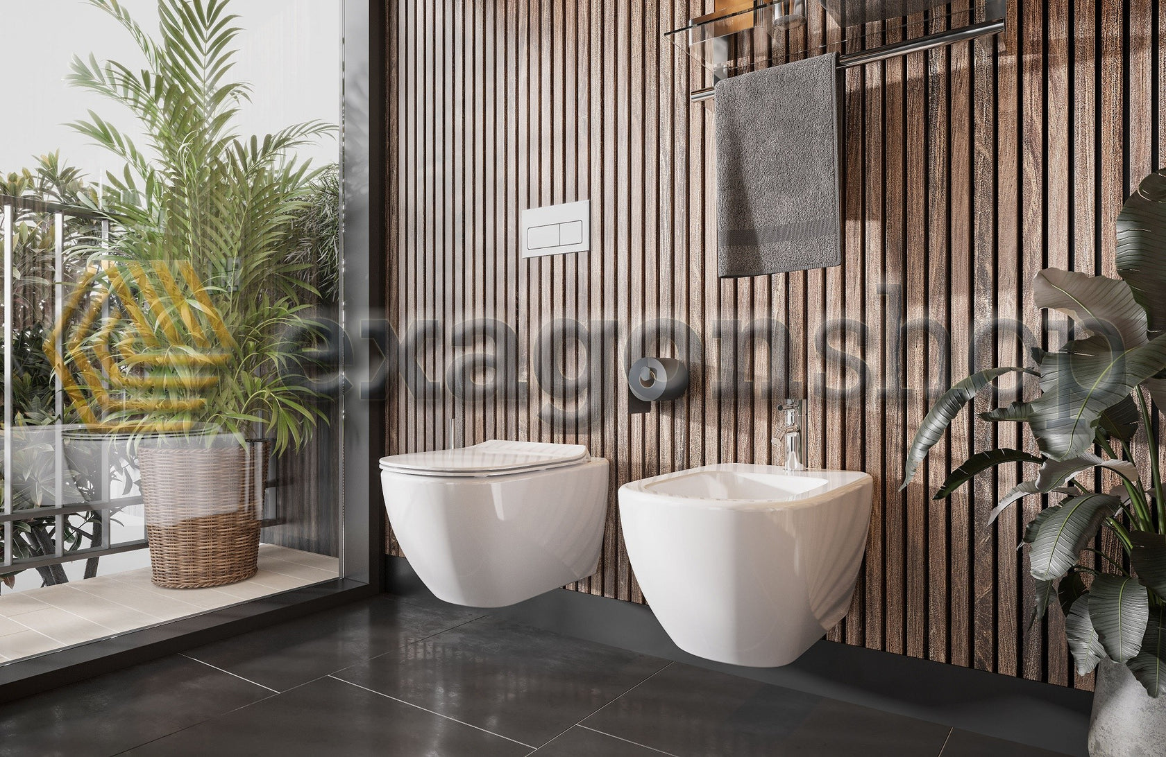 Ideal Standard Tesi Aquablade Coppia sanitari Vaso e Bidet visto dall'alto con scarico e interno visibili
