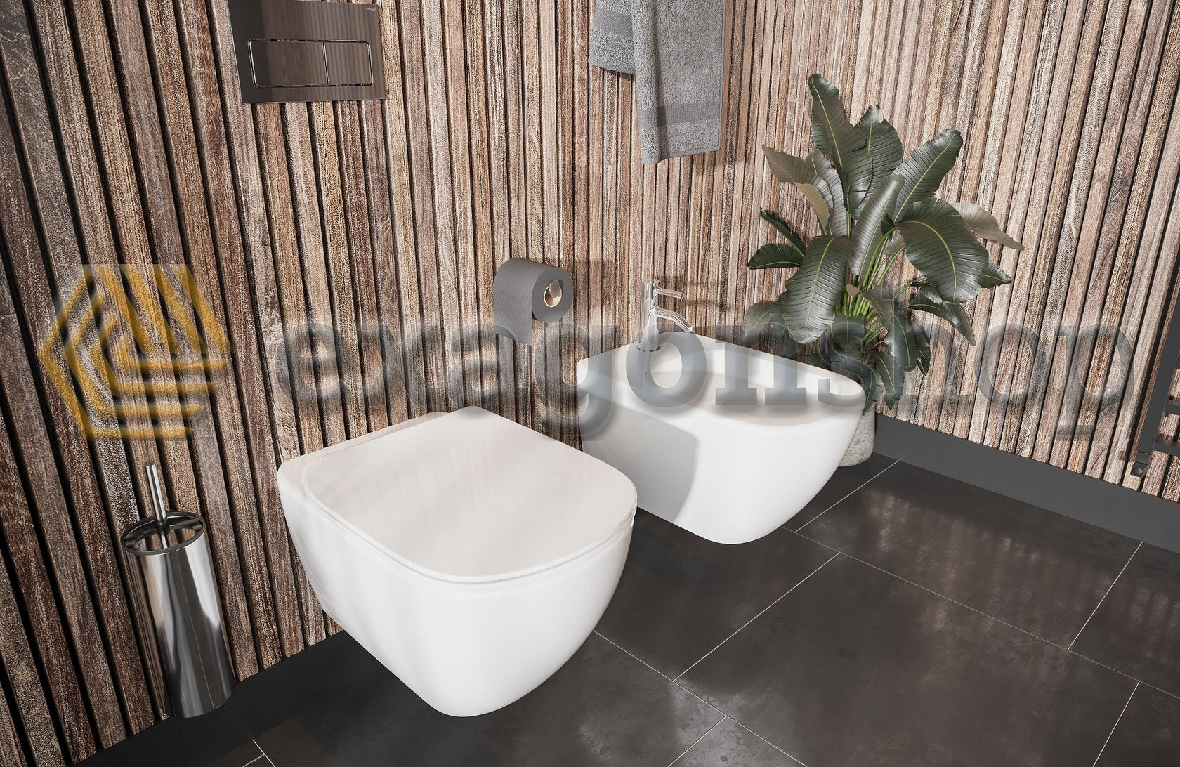 Ideal Standard Tesi Aquablade Coppia sanitari Vaso e Bidet ambientato su piano bagno con accessori