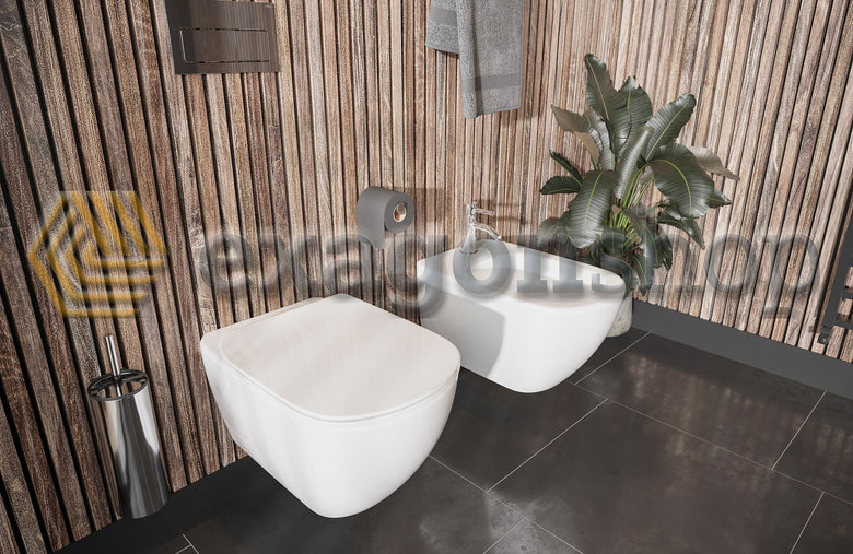 Ideal Standard Tesi Aquablade Coppia sanitari Vaso e Bidet ambientato su piano bagno con accessori