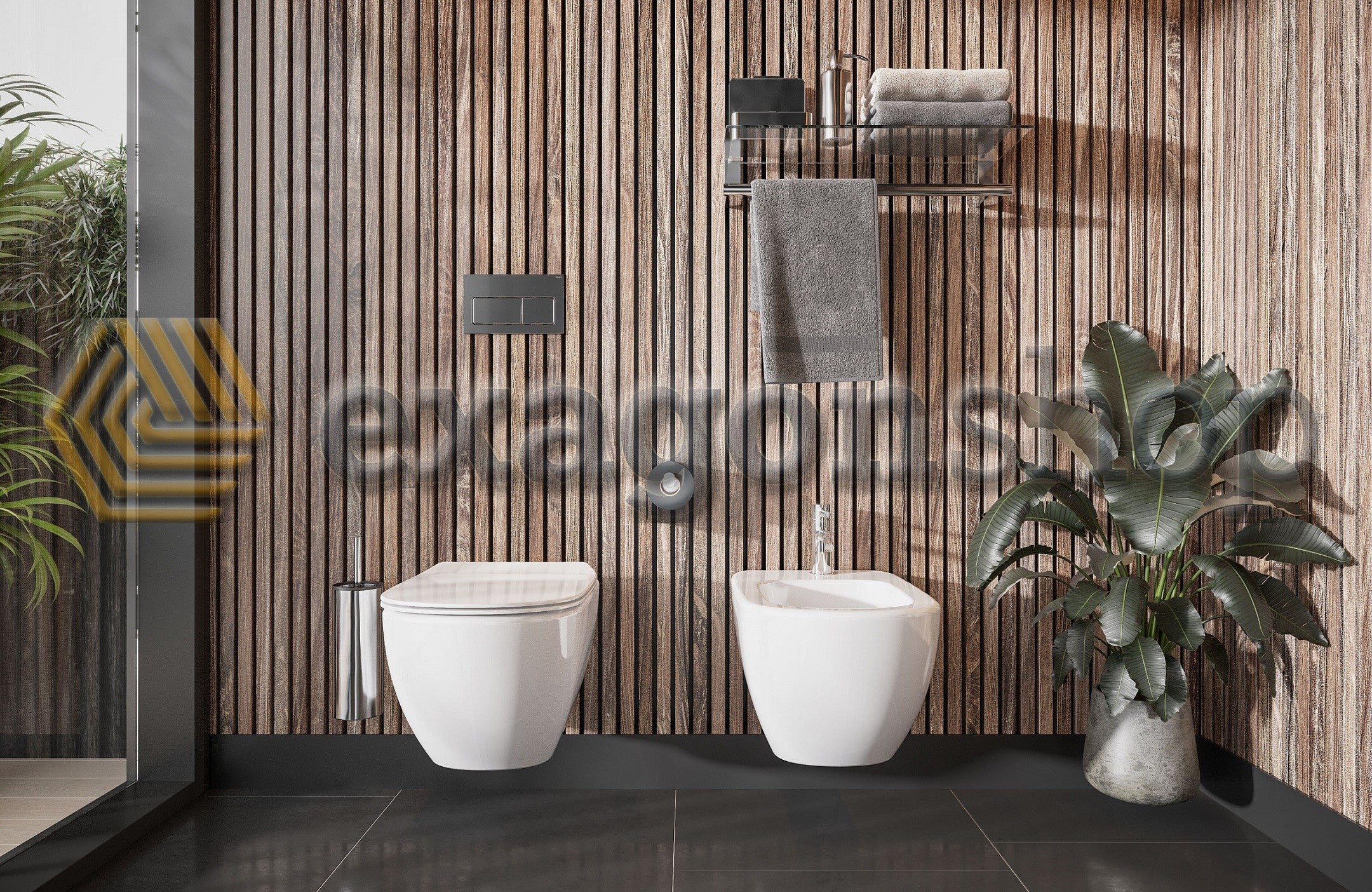 Ideal Standard Tesi Aquablade Coppia sanitari Vaso e Bidet ambientato su piano bagno con accessori