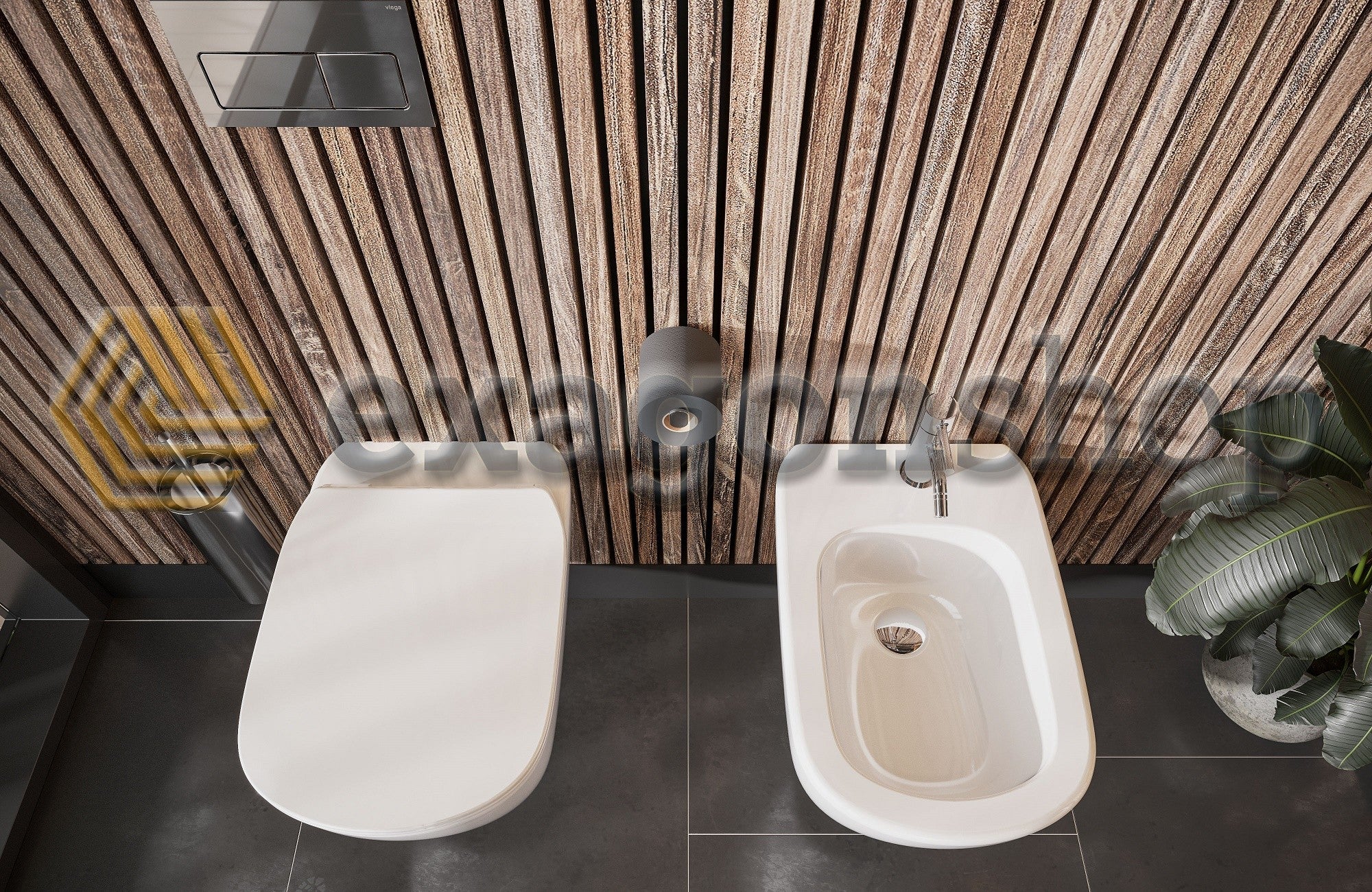 Ideal Standard Tesi Aquablade Coppia sanitari Vaso e Bidet ambientato su piano bagno con accessori