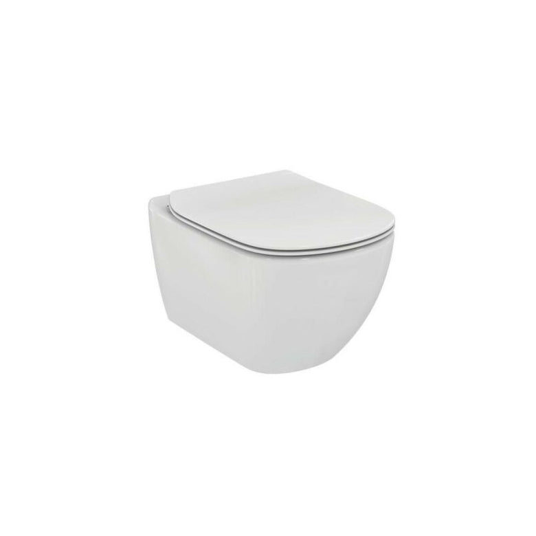 Ideal Standard Tesi Aquablade Coppia sanitari Vaso e Bidet ambientato su piano bagno con accessori