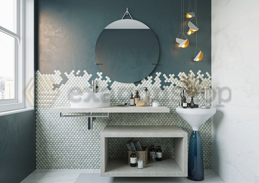 Mobile bagno Grigio Caldo 80x50 Thema vano a giorno e Top consolle 110x50 cm con lavabo tondo bianco in ceramica
