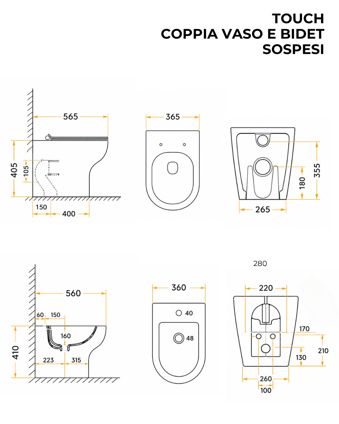 Coppia sanitari Touch a pavimento filo muro bianco lucido con sedile softclose