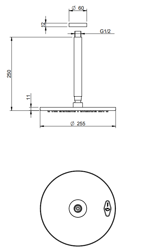 Disegno tecnico con quote di Treemme 22mm Soffione doccia a soffitto 255 mm braccio a Acciaio - Rubinetterie Treemme