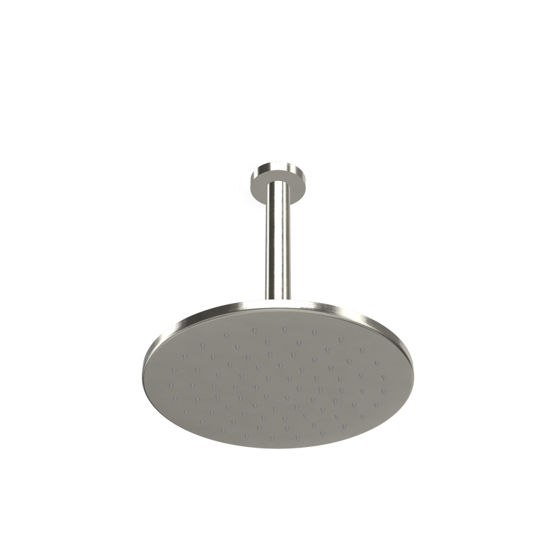Treemme 22mm Soffione doccia a soffitto 255 mm braccio a Acciaio, dettaglio ravvicinato della finitura e del marchio...