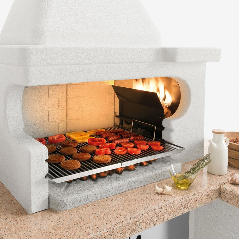 Palazzetti Tropea 4 barbecue a legna piano in Marmotech, vista laterale che mostra profilo e dimensioni