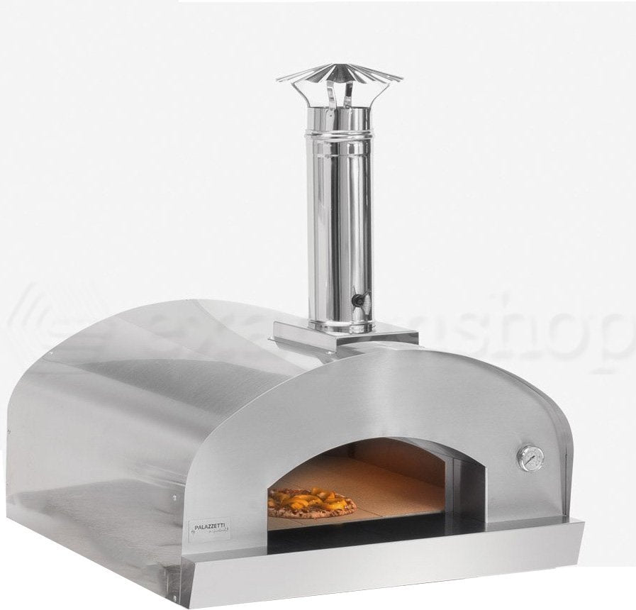 Palazzetti Carmine forno pizza a legna da appoggio Acciaio in acciaio inox accesa in soggiorno, fiamma visibile...