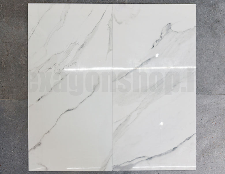 Pavimento rivestimento 60x120 rettificato effetto Marmo Bianco Lucido, vista del formato e dello spessore - La Fenice...