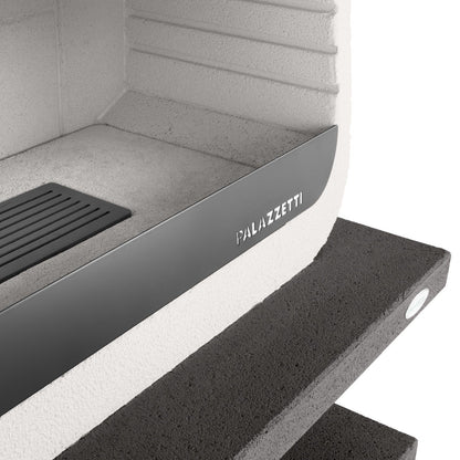 Palazzetti Up barbecue a legna di design grezzo in Marmotech bianco e cappa con inserti in acciaio