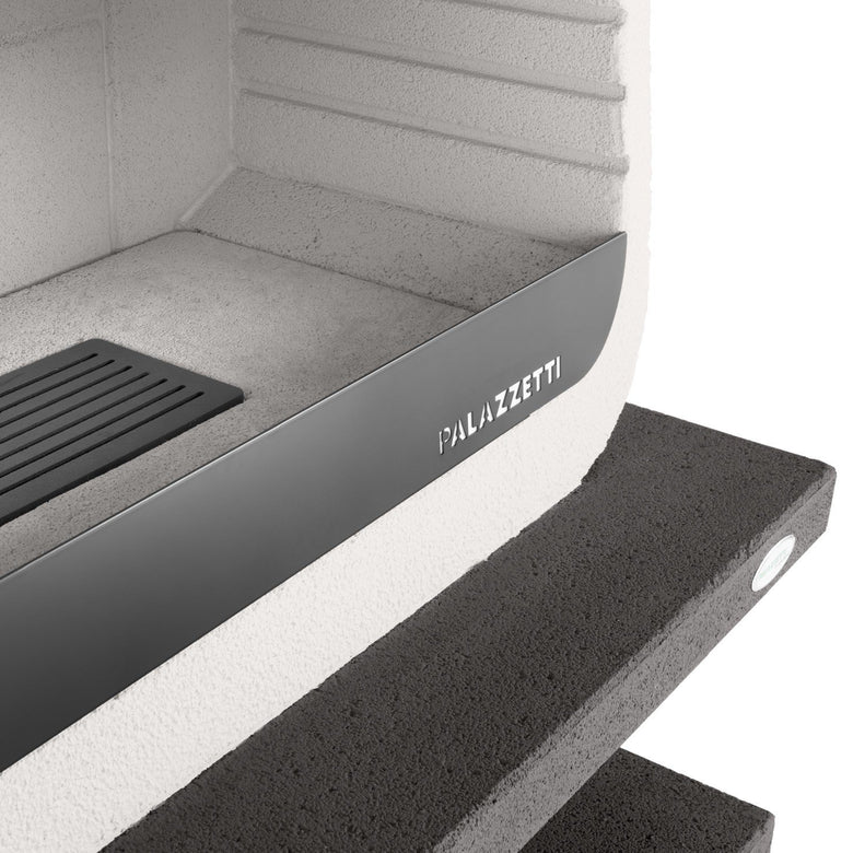 Schema tecnico di installazione di Palazzetti Up barbecue a legna grezzo in Marmotech bianco e con canna fumaria