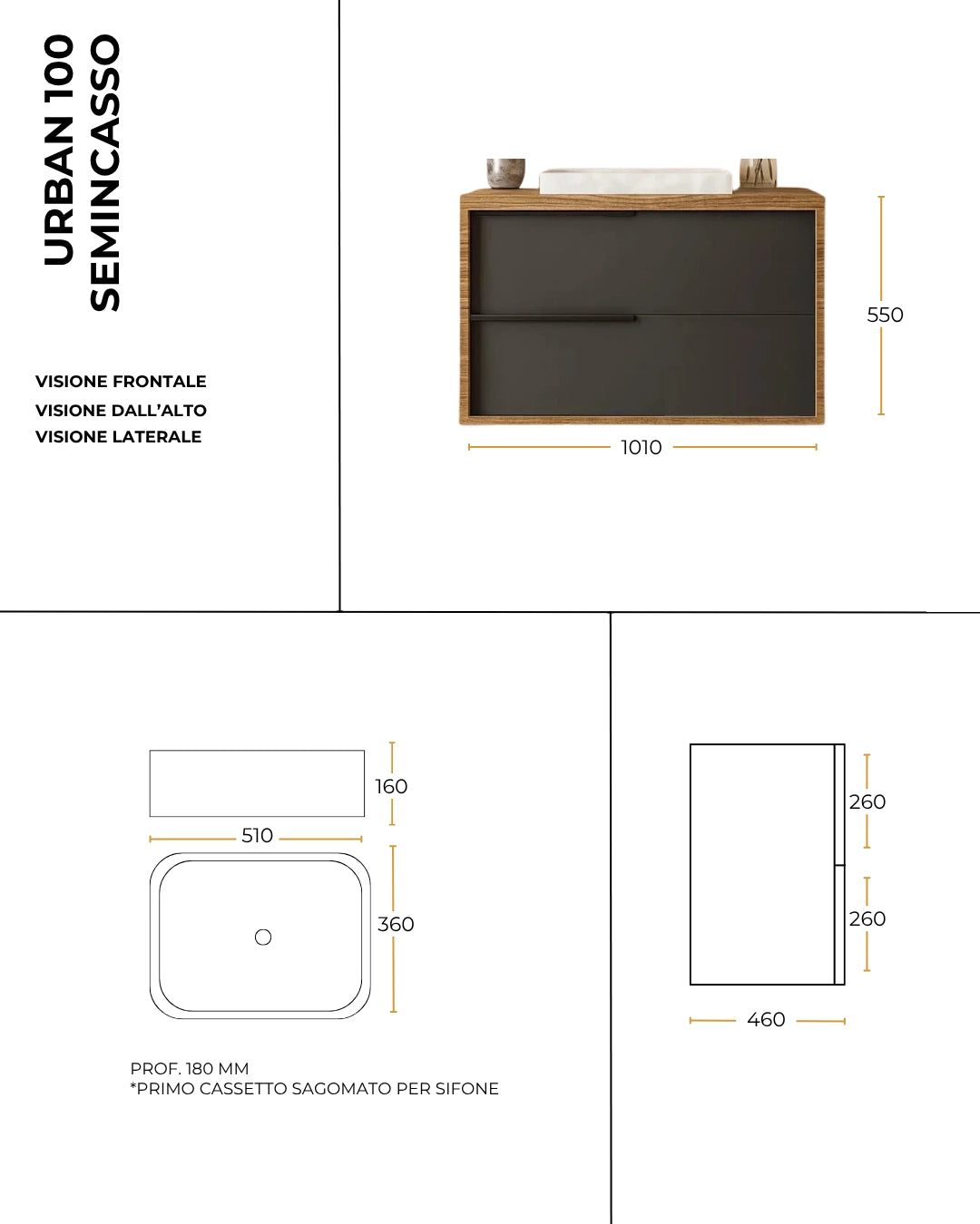 Mobile bagno 100x47 Urban noce antracite due cassetti con lavabo semintegrato