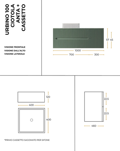 Mobile bagno 100x46 Urbino cannettato tortora opaco con anta e lavabo