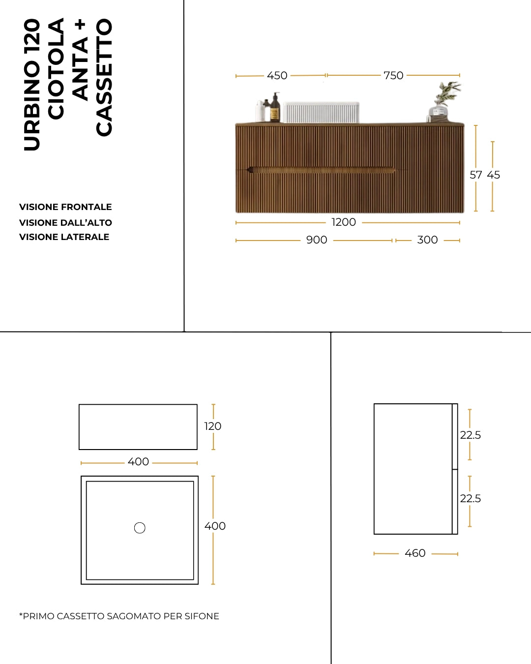 Mobile bagno 120x46 Urbino cannettato verde bosco con anta e lavabo
