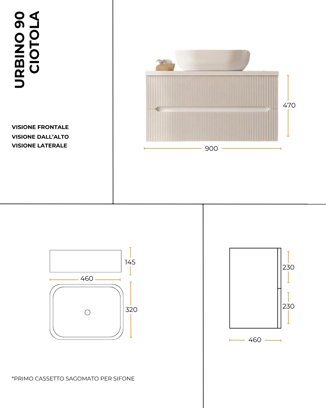 Mobile bagno bianco opaco 90x46 cannettato Urbino con ciotola in ceramica