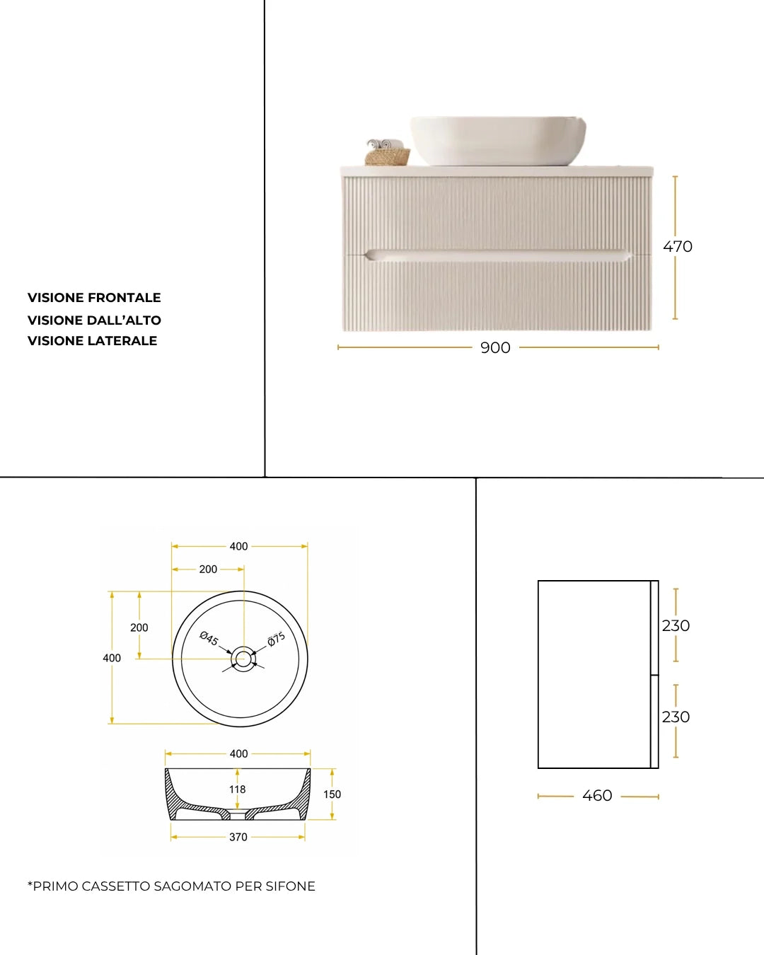 Mobile bagno bianco opaco 90x46 cannettato Ischia ciotola in resina verde