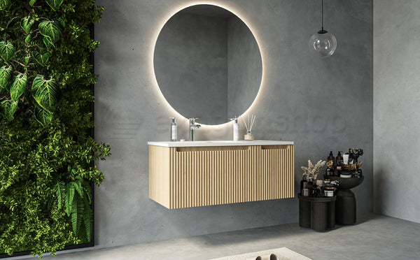 Mobile bagno quercia 100x46 cannettato Urbino 2.0 con lavabo sinistro in resina un anta e cassetto