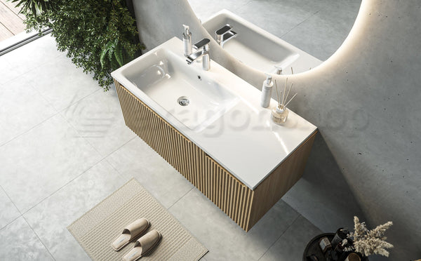 Mobile bagno quercia 100x46 cannettato Urbino 2.0 con lavabo sinistro in resina un anta e cassetto