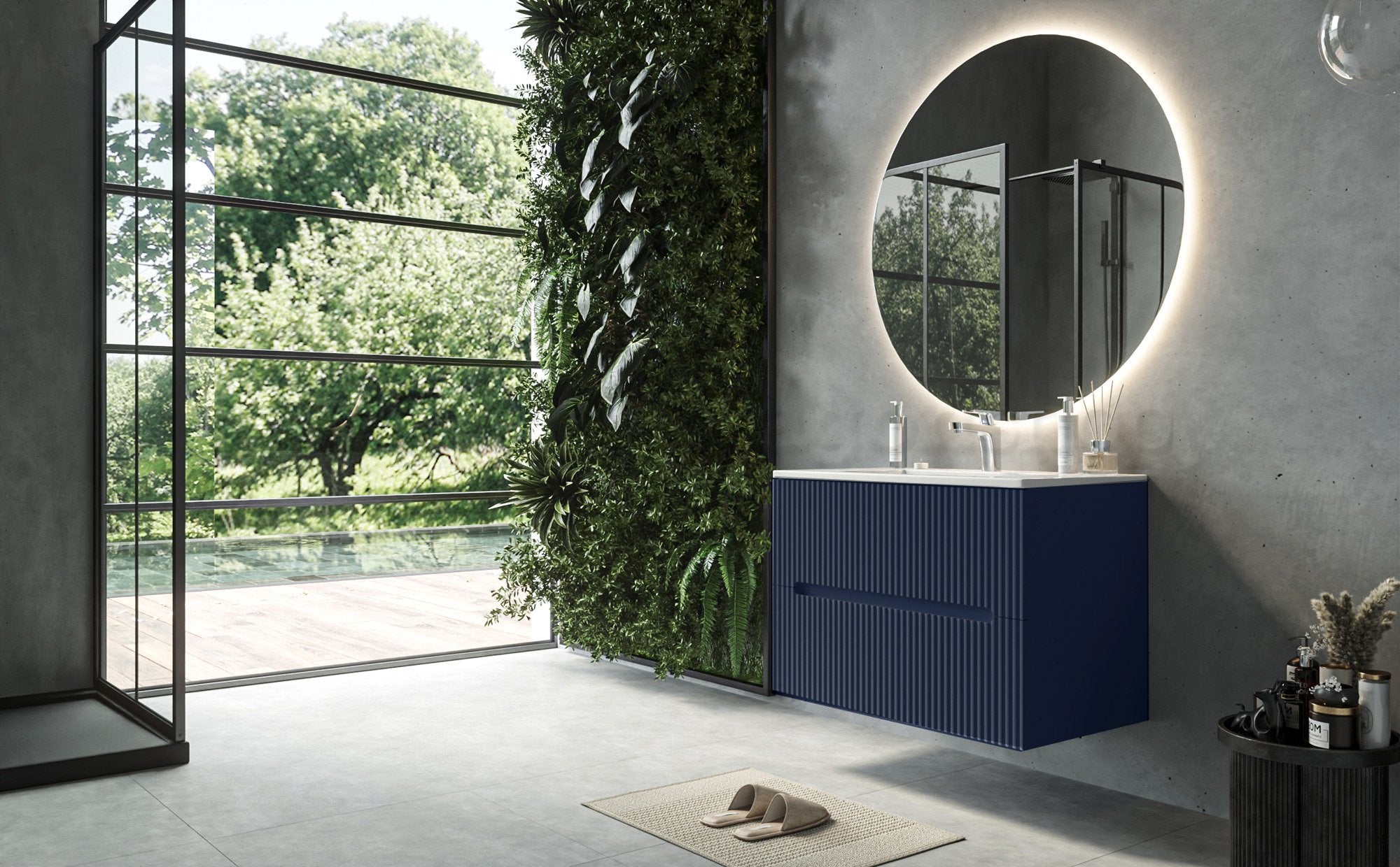 Mobile bagno blu marino 80x46 cannettato Urbino 2.0 con ambientato in bagno moderno con specchio e accessori - Exagonshop