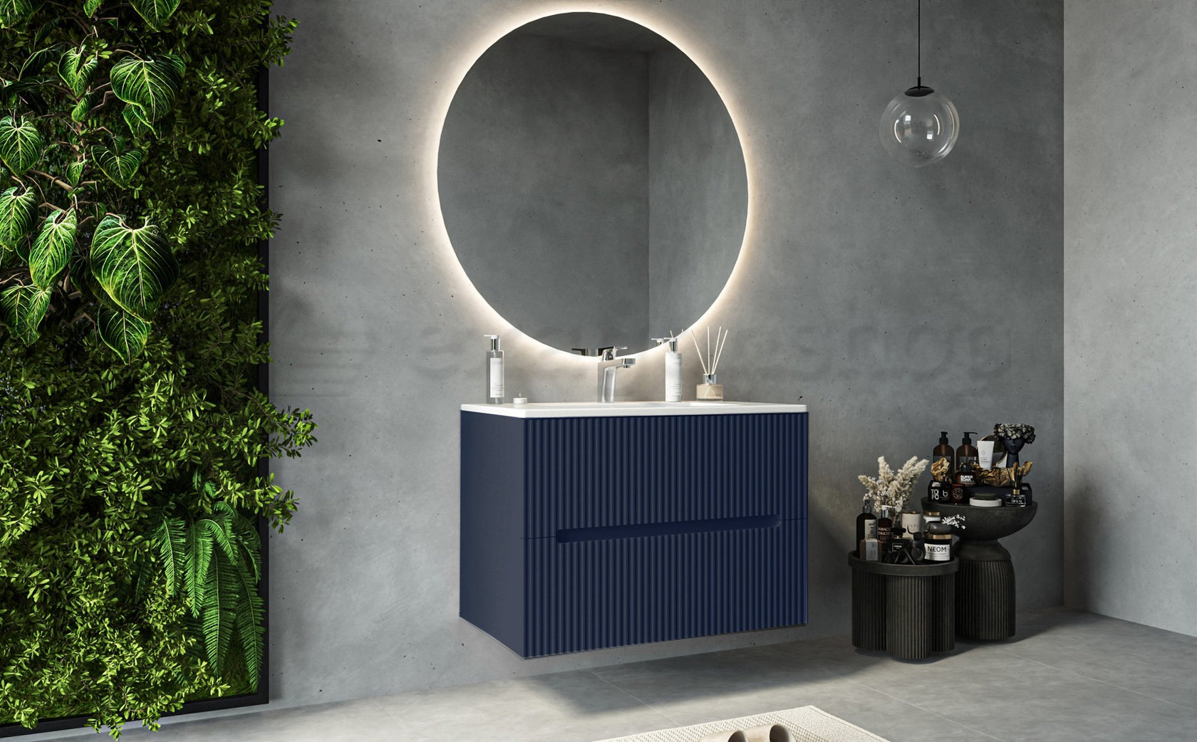 Mobile bagno blu marino 80x46 cannettato Urbino 2.0 con, dettaglio ravvicinato della finitura e del cassetto - Exagonshop