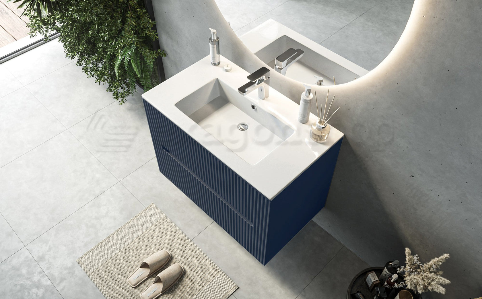 Mobile bagno blu marino 80x46 cannettato Urbino 2.0 con, vista dall'alto del piano con lavabo - Exagonshop