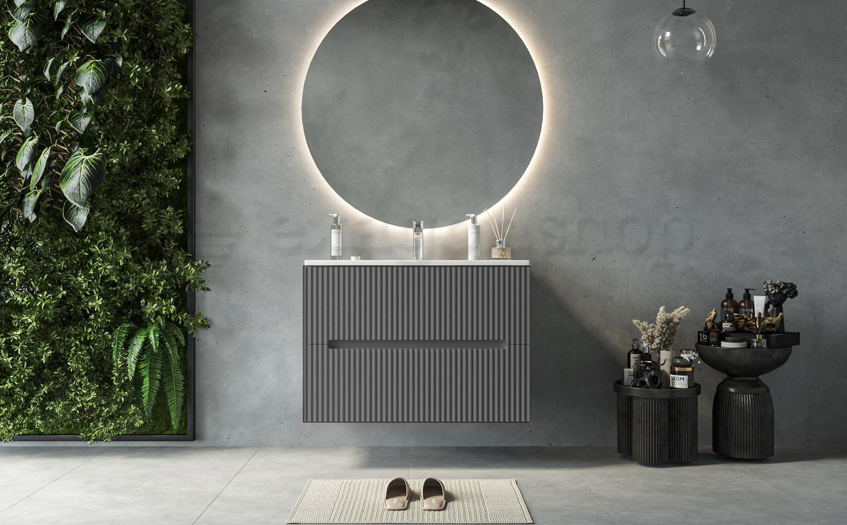 Mobile bagno grigio 80x46 cannettato Urbino 2.0 con lavabo, vista dall'alto del piano con lavabo - Exagonshop