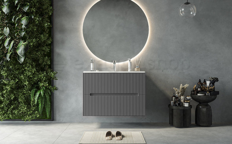Mobile bagno grigio 80x46 cannettato Urbino 2.0 con lavabo, vista dall'alto del piano con lavabo - Exagonshop