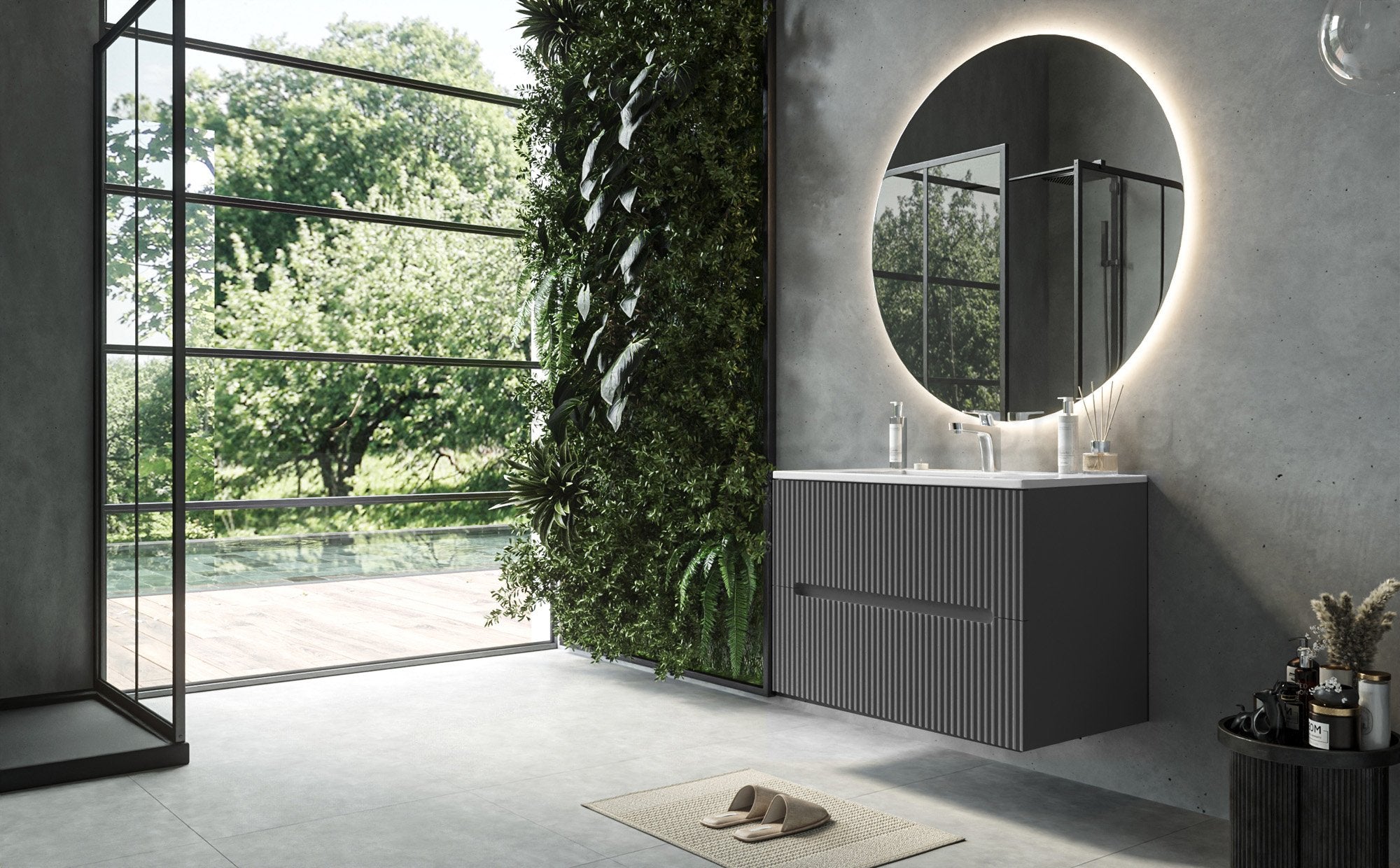 Mobile bagno grigio 80x46 cannettato Urbino 2.0 con lavabo, vista laterale della struttura sospesa - Exagonshop
