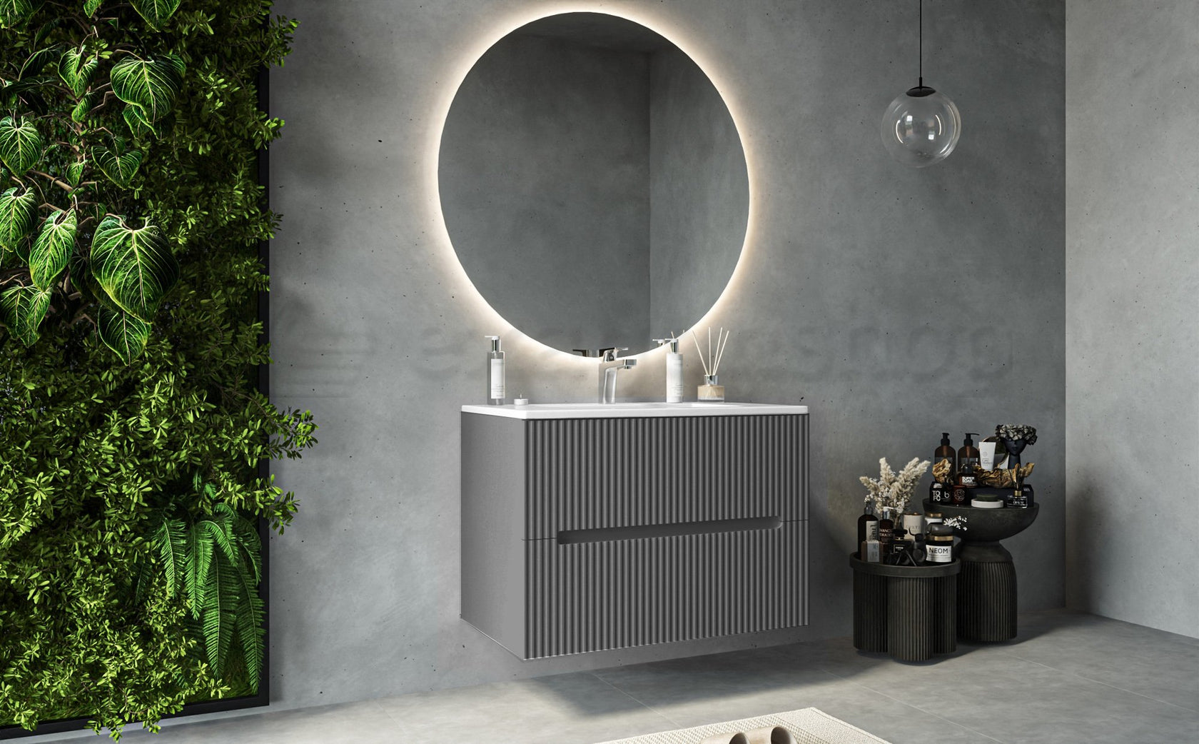Mobile bagno grigio 80x46 cannettato Urbino 2.0 con lavabo, dettaglio ravvicinato della finitura e del cassetto - Exagonshop