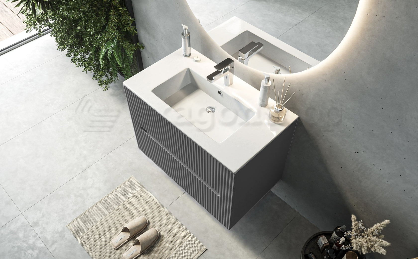 Mobile bagno grigio 80x46 cannettato Urbino 2.0 con lavabo con lavabo e rubinetteria, vista frontale su sfondo neutro...