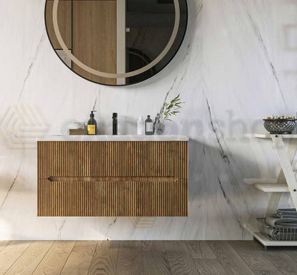 Mobile bagno noce chiaro 120x46 cannettato Urbino due cassetti con lavabo in ceramica