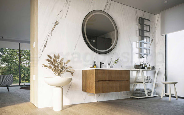 Mobile bagno noce chiaro 120x46 cannettato Urbino due cassetti con lavabo in ceramica