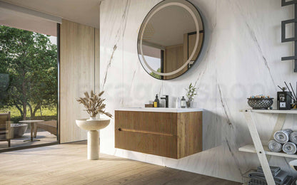 Mobile bagno noce chiaro 120x46 cannettato Urbino due cassetti con lavabo in ceramica