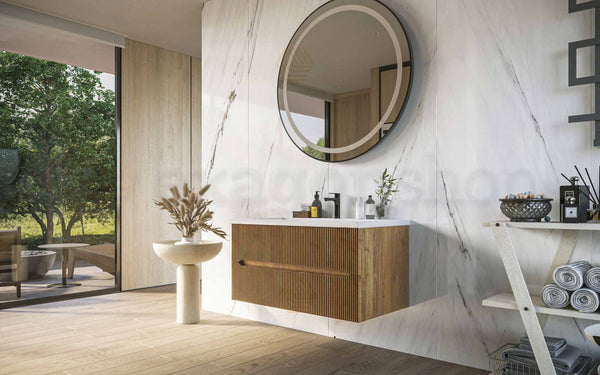 Mobile bagno noce chiaro 120x46 cannettato Urbino due cassetti con lavabo in ceramica